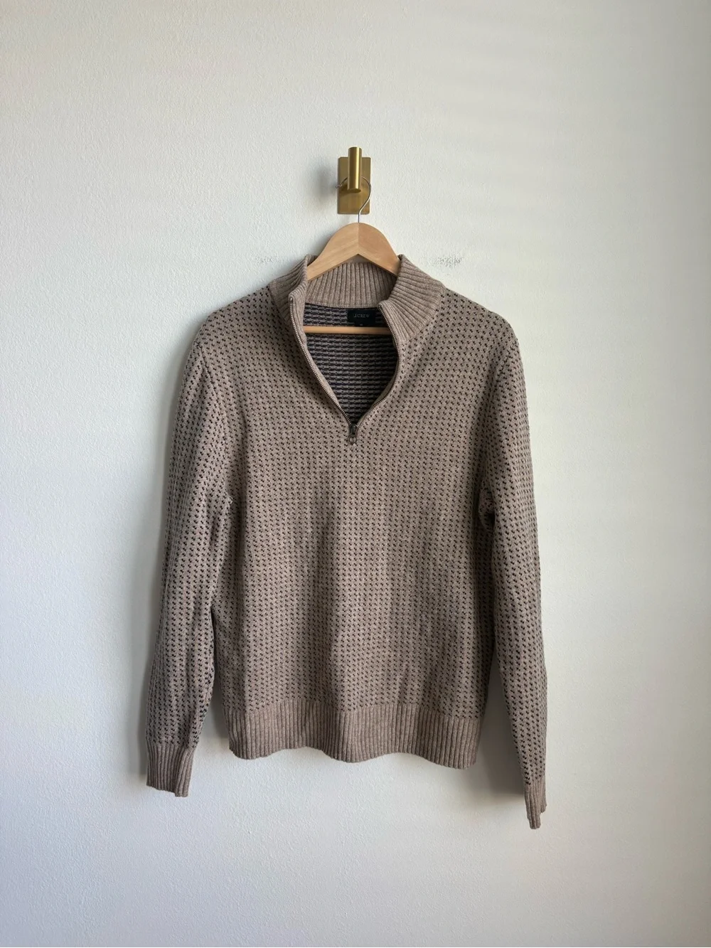 J.Crew Rugged Merino Birdseye Half Zip Sweater Tan Navy Men's Medium